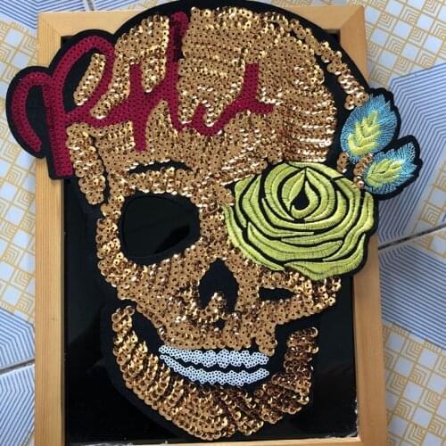 1Pc Sequins Embroidered Cool Skull Sew on Patches Applique for Clothes Flower Skull Gold Patch