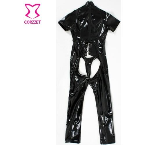 18 Sexy Costumes Latex Catsuit For Women Porn Adult Sex Leather Cut Out Bust and Crotchless Zipper Jumpsuit Erotic Lingerie