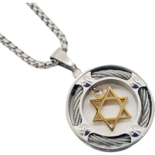 2 tone Polished Round 316 Stainless Steel Jewish David Star Charm Pendant Necklace for Men gold hip hop Necklace