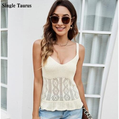 2021 Solod Color Knitting Tops Sleeveless V Neck Sexy Hollow Out Lady Haut Femme Black White Summer Clothes for Women