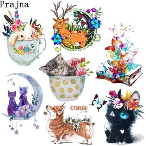 Cartoon Animal Cat Applique Iron-on Transfers For Clothing Stickers Flower Heat Thermal Transfer For Kids Clothes Iron On Patch