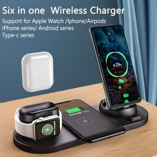 6 In 1 Fast Wireless Charger Stand for IPhone Android Type-C USB Phones 10W for Apple Watch AirPods Pro Charging Dock Station