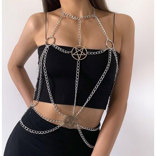 Alloy Star Hand Hanging Buckle Body Chain Exaggerated Fashion Womens Aluminum Chain Long Clothing Necklace For Women Jewelry