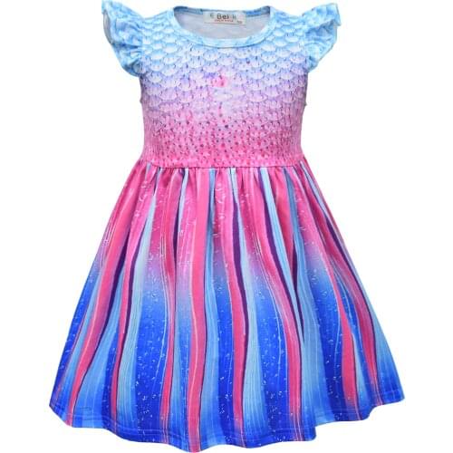 Baby Girl Cartoon Printed Mermaide Dress Flying Sleeve Christmas Princess Dresses Carnival Kids Clothes