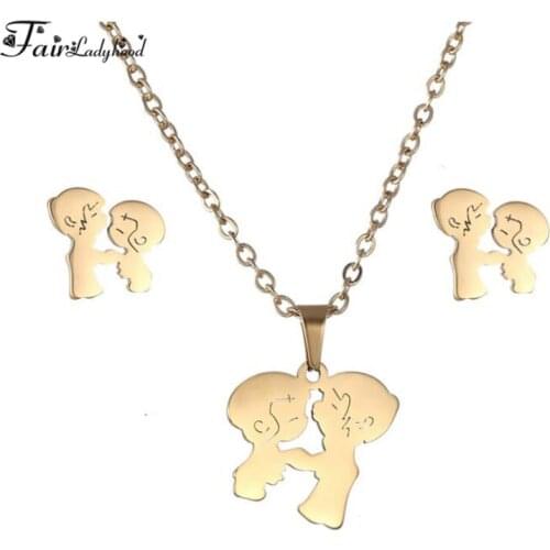 Fairladyhood Cute Couples Sweater Chain Necklace and Cute Couples Earrings Custom Stainless Steel Jewelry Set