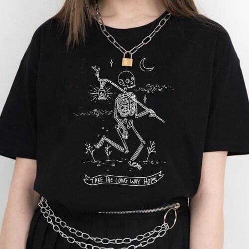 HAHAYULE-JBH Women Skeleton T-Shirt Take the Long Way Home Letter Print Top Tumblr Grunge Aesthetic Tee Hipster Art Hoe Shirt