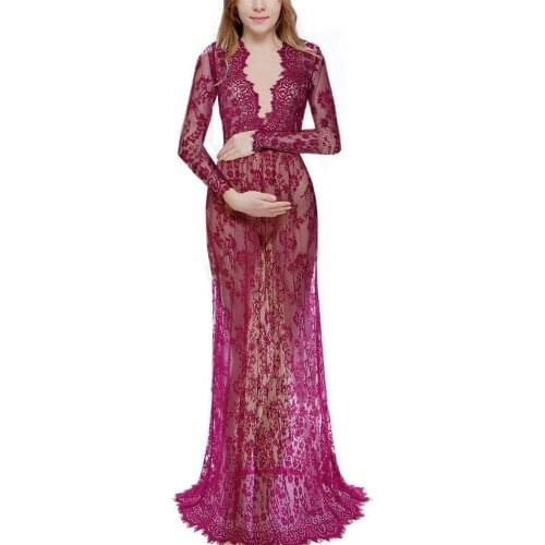 Lace Sexy V-Neck Maternity Dresses For Photography Gown Long Sleeve Floor-Length Dress Pregnant Maternity Photo Props Dress