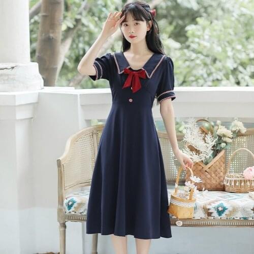 Japanese Preppy Style Summer Sweet Retro Dresses Women Design Chic Lapel Retro Bow Cute Kawaii Dress Robe Femme