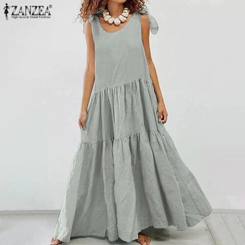 ZANZEA 2021 Fashion Solid Summer Maxi Dress Womens Ruffle Sundress Lace Up Tank Vestidos Female Casual Robe Femme