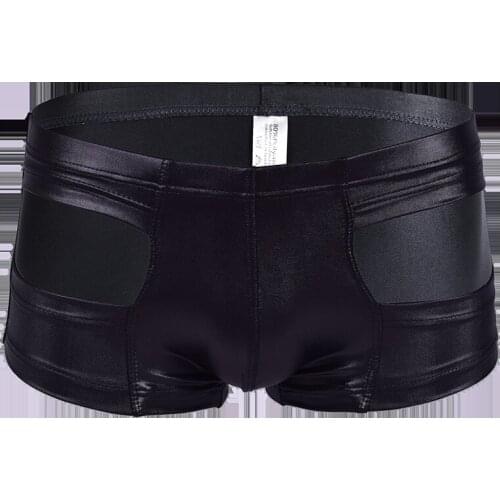 Sexy Underwear Men Boxer Shorts Low Waist Panties For Man Faux Leather U Convex Pouch Underpants Cueca calzoncillos S M L