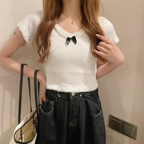 New Korean style lace bow short-sleeved T-shirt women