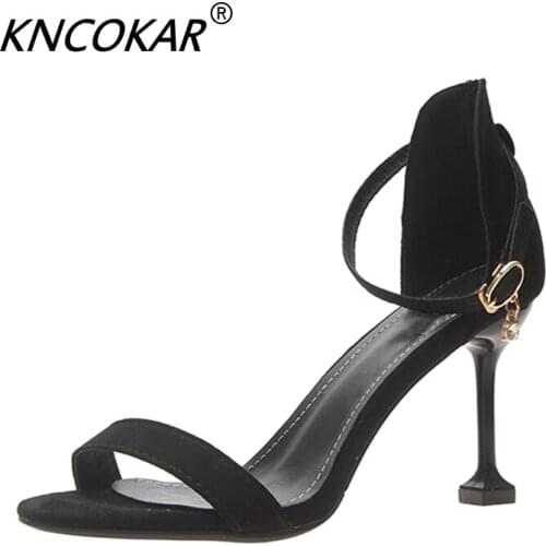 KNCOKAR New black peep-toe pumps with button stiletto heels for womens summer suede sandalsx1143