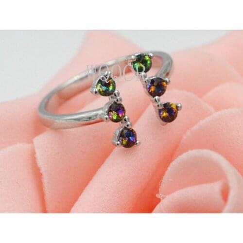 Adjustable 925 sterling silver platinum wedding ring with six colorful crystal rings, womens jewelry womens aquamarine ring 21