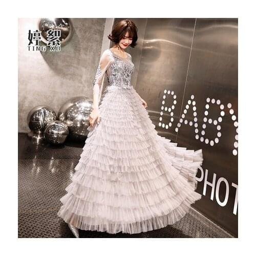 Luxury light grey long sleeve ruffled cake ball gown long dress vintage medieval dress Renaissance princess Victoria dress