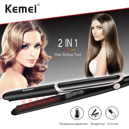 Kemei Curling Iron 2 In 1 Hair Care Temperature Infrared Adjustable Electric Straightening Iron Hair Styling Tool Hair Curler 35