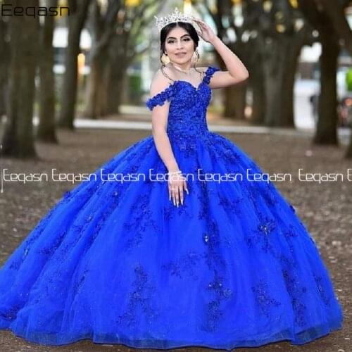 Gorgeous Sweet 16 Royal Blue Quinceanera Dresses Lace Applique V Neck Ball Gown Prom Dress Tulle Tiered Masquerade Gowns