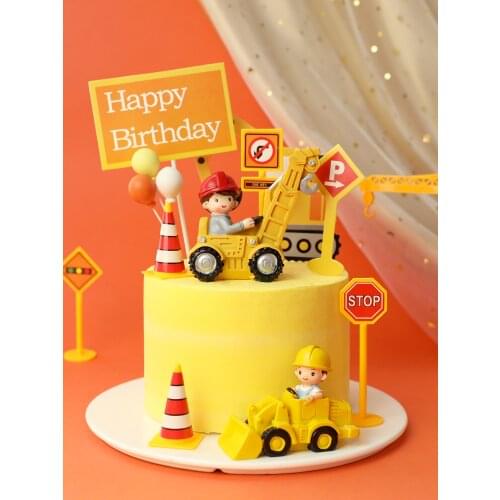 Boy Birthday Cake Decoration Traffic Sign Star Cake Topper Excavator Crane Engineering Vehicle Decoration Baking Supplies Toys