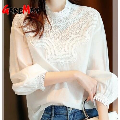 Spring White White Blouse for Women 2021 Casual Blouse with Lace Fluffy Sleeve Chiffon Womens Long Sleeve Top Vintage