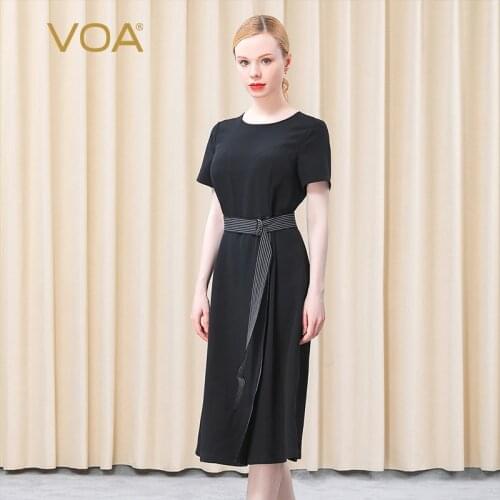 VOA 36m/m Elastic Heavy Crepe Short Sleeve Round Neck Dress Summer 2021 AE799 Belt Hem Split Black Office Lady Dresses for Women