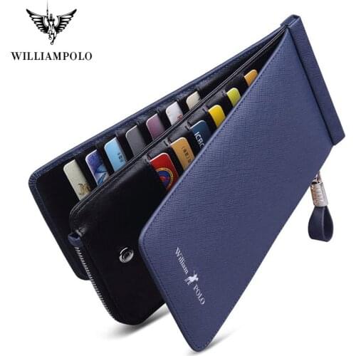 Williampolo anti theft brush anti demagnetizing wallet for mens long multi card head leather zipper large capacity clip pocket