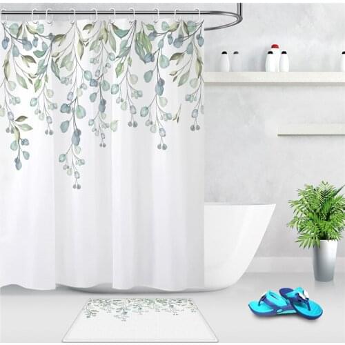 LB Watercolor Floral Hanging Eucalyptus Green Leaves Shower Curtain Cute Fresh Design Spring Leaf Print Plant Bathroom Curtain