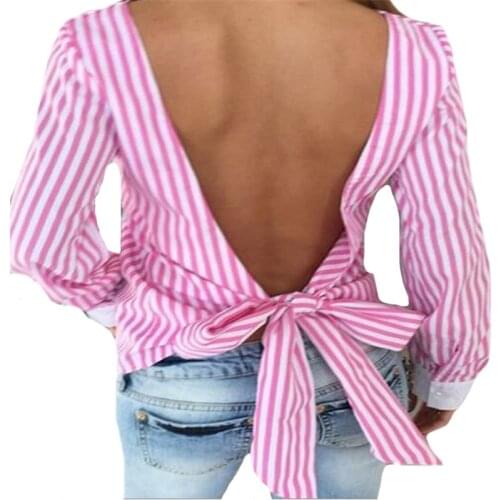 CHSDCSI Tunic Tops Blouse Bow Women Long Sleeve Stripe Print Hollow Back Shirt Loose Pink Blue Blusa