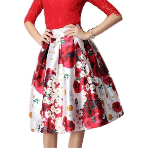 2021 New Arrival Spring Autumn Women Midi Skirt Korean Fashion Sweet Flowers Print High Waist Slim A-Line Skirt