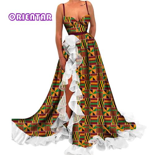 Women Halter Dresses with Ruffle Africa Style Floor Length Dress Dashiki Party Outfit Sexy Elegant African Lady Clothing WY9194