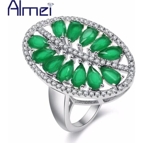 Almei Green Leaf Rings For Women Female Ring with Stones Cubic Zirconia New Year Gifts Womens Fashion Jewelry Decorating PJ100