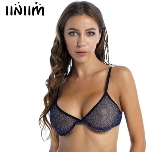 Womens Lingerie Leopard Print Bra Top See-through Mesh Unlined Underwire Bra Adjustable Shoulder Straps Bikini Top Underwear