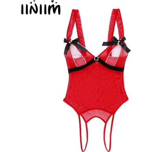 Womens Lingerie Christmas Costumes See Through Mesh Shoulder Straps Sleeveless Open Cup High Leg Cut Leotard Jumpsuit Bodysuit