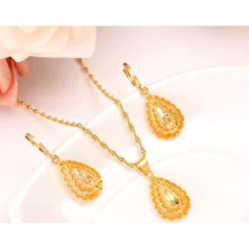 Gold African Dubai indian Waterdrop pendant necklace earrings Bridal jewelry sets for Women girl Wedding Party Jewelry Set gifts