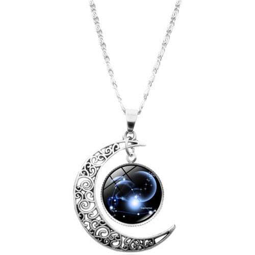 12 Constellation Necklace Crescent Moon Pendant Glass Cabochon Zodiac Jewelry Men Women Creative Birthday Gift