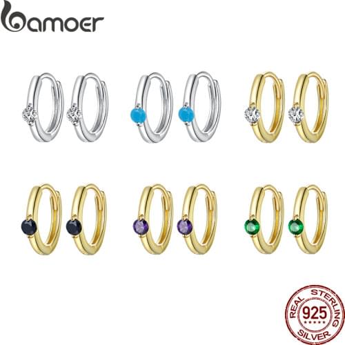 BAMOER Colorful Huggie Earrings for Women 6 Colors available 925 Sterling Silver Gold Color Hypoallergenic Jewelry SCE1050
