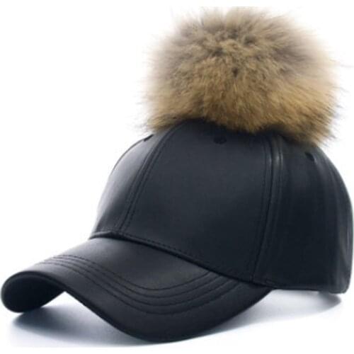 MAERSHEI Women Fashion Real Fur Baseball Cap Warm Casual Sweer Girl Hat Snapback Pom Pom Cap Leather Hip Hop Bone Caps
