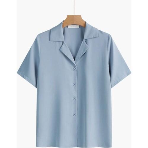 Women blue summer Single Breasted Shirts Office Lady Short sleeve Blouse Tops Thin Casual Shirts Female