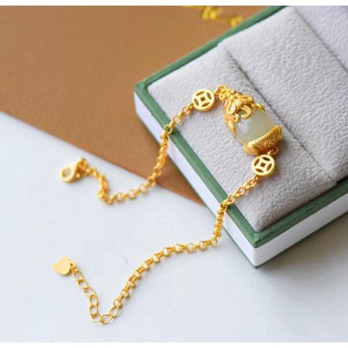 Natural Hetian Jade Pi Xiu Bracelet Gilding Retro Jasper Money Drawing and Luck Changing Simple Classical Ornament for Women