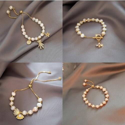 Trendy baroque freshwater pearl string bracelet women Luxury zircon bee pendant adjustable bracelet fashion girl jewelry