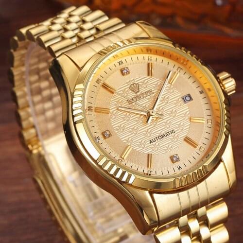 Luxury Gold Fashion Mens Watches Casual Crystal Dial Date Automatic Mechanical Stainless Steel Sport Wrist Watches for men Gifts