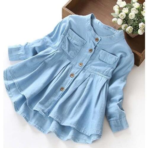 Toddler Newborn Denim Ruched Clothes Kawaii Long Sleeve Shirts Tops Children Buttons Blouse Baby Girls Pocket Casual Clothing