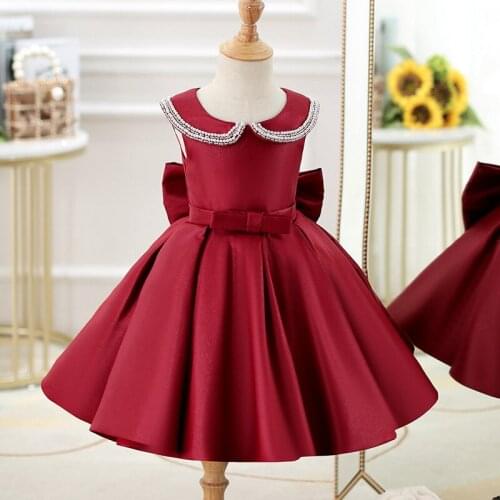 2021 Beads Peter Pan Collar Baby Red Baptism Dresses for Girls Princess 1st year Birthday Party Wedding Children Pageant Clothes