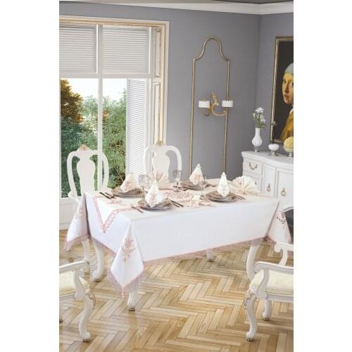 Elegant Tulip Embroidered Lacy Rectangular Tablecloth Set Cream-Powder Color Dining Table Cover-Runner-Napkin-Ring 26 Pieces