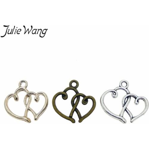 Julie Wang 12PCS Mixed Colors Double Heart Love Romantic Charms Alloy Necklace Bracelet Jewelry Making Pendant Metal Accessory