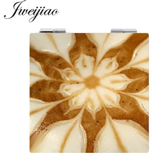 JWEIJIAO New Pocket Mirrors Mini Square shaped 1X/2X Magnifying Folding PU Leather espejo Coffee Latte Carving Love Heart Art