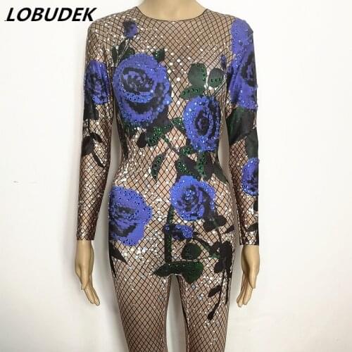 Blue Rose Bodysuit Sparky Crystals Rhinestones Jumpsuit Bar DJ Singer Star Party Birthday Celebration performance stage costume