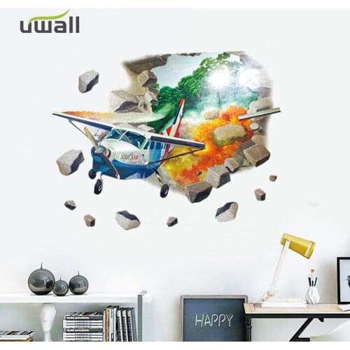 Creative 3D Broken Wall Out Helicopter Boys Bedroom Wall Stickers For Kids Room Wall Decoration Self-adhesive Sticker Home Decor