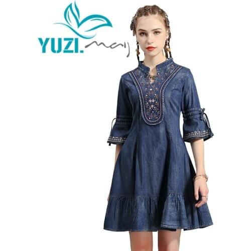 Summer Dress 2020 Yuzi.may Boho New Denim Women Dresses V-Neck Half Flare Sleeve Vintage Embroidery Vestidos Female A82223