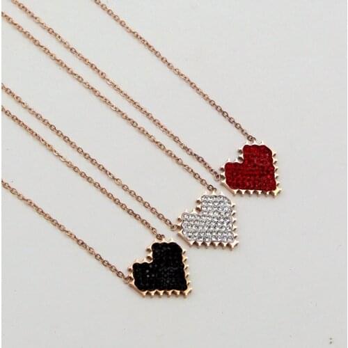 Fashion Stainless Steel Love Red White Black Crystal Heart Pendant Necklaces Rose Gold Color Women Lady Party Gift