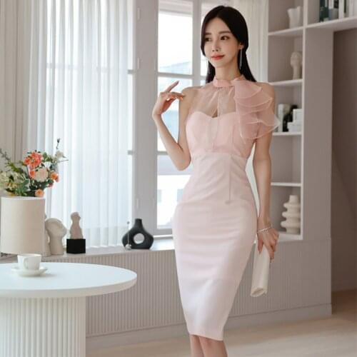 Fashion Korean Vintage Stand Neck Sexy Mesh Perspective Midi Party Dress Ladies Elegant Coffee Break Bodycon Split Pencil Dress
