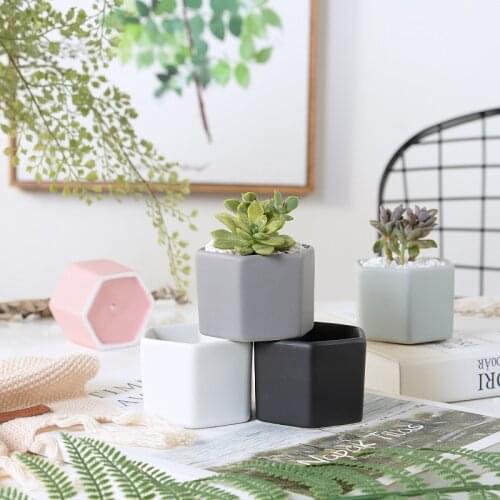 Set of 4 Matt Decorative Hexagon Flowerpot Mini Ceramic Succulent Plant Pots Desktop Flower Pot Bonsai Pink Planter